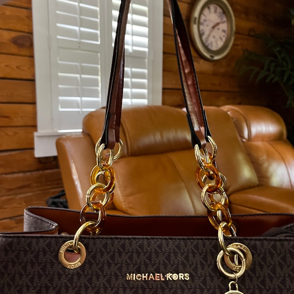 Michael Kors Dark Brown Logo Tote with Gold Chain Accents 13” x 10” X 5” - Picture 13 of 16